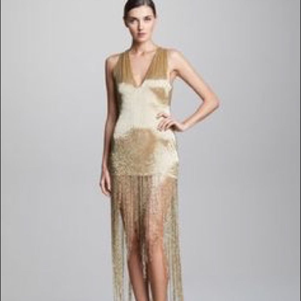 Naeem Khan gold beaded dress with fringe